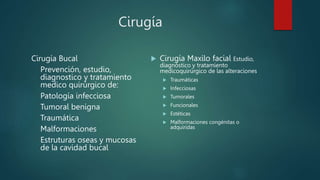 Cirugía
Cirugía Bucal
Prevención, estudio,
diagnostico y tratamiento
medico quirúrgico de:
Patología infecciosa
Tumoral benigna
Traumática
Malformaciones
Estruturas oseas y mucosas
de la cavidad bucal
 Cirugía Maxilo facial Estudio,
diagnóstico y tratamiento
medicoquirúrgico de las alteraciones
 Traumáticas
 Infecciosas
 Tumorales
 Funcionales
 Estéticas
 Malformaciones congénitas o
adquiridas
 