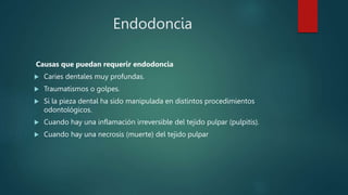 Endodoncia
Causas que puedan requerir endodoncia
 Caries dentales muy profundas.
 Traumatismos o golpes.
 Si la pieza dental ha sido manipulada en distintos procedimientos
odontológicos.
 Cuando hay una inflamación irreversible del tejido pulpar (pulpitis).
 Cuando hay una necrosis (muerte) del tejido pulpar
 