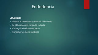Endodoncia
OBJETIVOS
 Limpiar el sistema de conductos radiculares
 La obturación del conducto radicular
 Conseguir el sellado del tercio
 Conseguir un cierre biológico
 