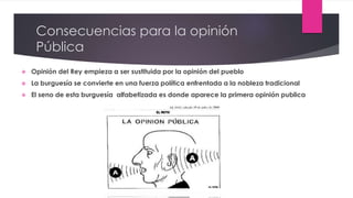 Consecuencias para la opinión
Pública
 Opinión del Rey empieza a ser sustituida por la opinión del pueblo
 La burguesía se convierte en una fuerza política enfrentada a la nobleza tradicional
 El seno de esta burguesía alfabetizada es donde aparece la primera opinión publica
 