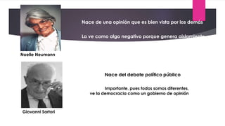 Noelle Neumann
Giovanni Sartori
Nace de una opinión que es bien vista por los demás
La ve como algo negativo porque genera aislamiento
Nace del debate político público
Importante, pues todos somos diferentes,
ve la democracia como un gobierno de opinión
 