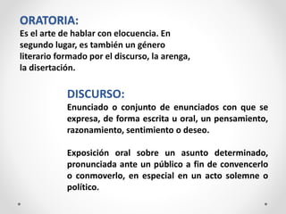 ORATORIA:
Es el arte de hablar con elocuencia. En
segundo lugar, es también un género
literario formado por el discurso, la arenga,
la disertación.
DISCURSO:
Enunciado o conjunto de enunciados con que se
expresa, de forma escrita u oral, un pensamiento,
razonamiento, sentimiento o deseo.
Exposición oral sobre un asunto determinado,
pronunciada ante un público a fin de convencerlo
o conmoverlo, en especial en un acto solemne o
político.
 