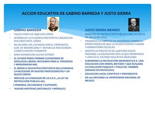 ACCION EDUCATIVA DE GABINO BARREDA Y JUSTO SIERRA


 GABINO BARREDA                                       JUSTO SIERRA MENDEZ
    VIAJO A PARIS EN 1848 CON COMTE                     MINISTRO DE INSTRUCCIÓN PUBLICA Y BELLAS ARTES
    INTRODUJO LA FILOSOFIA POSITIVISTA A MEXICO EN       EN 1905 (CON DIAZ)
     DISCURSO ANTE JUAREZ                                PROMOVIO LA LIBERTAD DE ENSEÑANZA DANDO LA
    RELACIONO LOS 3 ESTADOS CON EL VIRREINATO,           OPORTUNIDAD DE QUE LA IGLESIA PUDIESE FUNDAR
     GOB. DE MAXIMILIANO Y REPUBLICA RESTAURADA           Y ADMINISTRAR ESCUELAS
     JUARISTA RESPECTIVAMENTE                            APORTO UN PROYECTO EN 1908 PARA HACER
    SANA SEPARACION IGLESIA-ESTADO                       NACIONAL LA EDUCACION CON LO QUE MODERNIZO
    EL ESTADO DEBIA FORMAR CIUDADANOS DE                 Y UNIFICO EL SISTEMA EDUCATIVO MEXICANO
     IDEOLOGIA LIBERAL NECESARIA PARA EL PROGRESO        SUBORDINO LA INSTRUCCIÓN MEMORISTICA A UNA
     Y MODERNIDAD NAC.                                    EDUCACION CON ORDEN, METODO Y QUE BUSCARA
    EL MODELO EDUCATIVO POSITIVISTA SOLUCIONARIA         LA EVOLUCION PSIQUICA Y FISICA DEL HOMBRE
     LA NECESIDAD DE NUEVOS PROFESIONISTAS Y UN           (BASADO EN PESTALOZZI)
     NUEVO ORDEN                                         EDUCACION LAICA, CIENTIFICA Y PROGRESISTA
    IMPULSO LA FUNDACION DE LA E.N.P., LA LEY DE        EN 1910 REFUNDO LA UNIVERSIDAD NACIONAL DE
     INSTRUCCIÓN PUBLICA 1867                             MEXICO.
    ( PRIMARIA, SECUNDARIA Y SUPERIOR)
     NUEVAS MATERIAS (NATURALES Y MORALES)
 