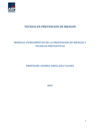 1
TECNICO EN PREVENCION DE RIESGOS
MODULO: FUNDAMENTOS DE LA PREVENCION DE RIESGOS Y
TECNICAS PREVENTIVAS
PROFESOR: ANDRES ORELLANA VALDES
2013
 