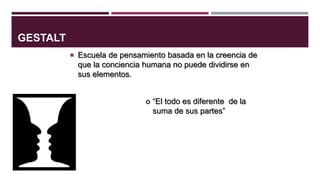 GESTALT
 Escuela de pensamiento basada en la creencia de

que la conciencia humana no puede dividirse en
sus elementos.



“El todo es diferente de la
suma de sus partes”

 
