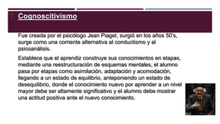 7. Cognoscitivismo
Fue creada por el psicólogo Jean Piaget, surgió en los años 50’s,
surge como una corriente alternativa al conductismo y al
psicoanálisis.
Establece que el aprendiz construye sus conocimientos en etapas,
mediante una reestructuración de esquemas mentales, el alumno
pasa por etapas como asimilación, adaptación y acomodación,
llegando a un estado de equilibrio, anteponiendo un estado de
desequilibrio, donde el conocimiento nuevo por aprender a un nivel
mayor debe ser altamente significativo y el alumno debe mostrar
una actitud positiva ante el nuevo conocimiento.

 