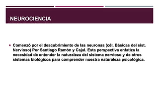 NEUROCIENCIA

 Comenzó por el descubrimiento de las neuronas (cél. Básicas del sist.

Nervioso) Por Santiago Ramón y Cajal. Esta perspectiva enfatiza la
necesidad de entender la naturaleza del sistema nervioso y de otros
sistemas biológicos para comprender nuestra naturaleza psicológica.

 