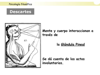 Mente y cuerpo interaccionan a
través de
la Glándula Pineal
Se dá cuenta de los actos
involuntarios.
Descartes
Psicología filosófica
 
