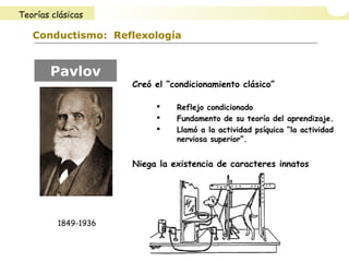 Conductismo: Reflexología
Creó el “condicionamiento clásico”
 Reflejo condicionado
 Fundamento de su teoría del aprendizaje.
 Llamó a la actividad psíquica “la actividad
nerviosa superior”.
Niega la existencia de caracteres innatos
Pavlov
1849-1936
Teorías clásicas
 