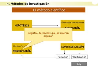 El método científico
Hechos / problemas
OBSERVACIÓN
HIPÓTESIS
Enunciados contrastables
DEDUCCIÓN
CONTRASTACIÓN
Falsación Verificación
Ley
Registro de hechos que se quieren
explicar
4. Métodos de investigación
 