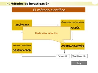 El método científico
Hechos / problemas
OBSERVACIÓN
HIPÓTESIS
Enunciados contrastables
DEDUCCIÓN
CONTRASTACIÓN
Falsación Verificación
Ley
Reducción inductiva
4. Métodos de investigación
 