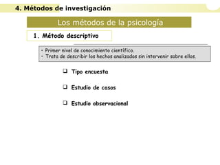 Los métodos de la psicología
1. Método descriptivo
 Tipo encuesta
 Estudio de casos
 Estudio observacional
• Primer nivel de conocimiento científico.
• Trata de describir los hechos analizados sin intervenir sobre ellos.
4. Métodos de investigación
 