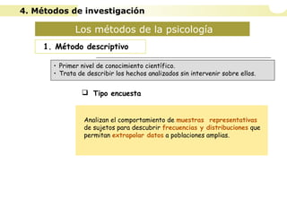 Los métodos de la psicología
1. Método descriptivo
 Tipo encuesta
 Estudio de casos
 Estudio observacional
• Primer nivel de conocimiento científico.
• Trata de describir los hechos analizados sin intervenir sobre ellos.
Analizan el comportamiento de muestras representativas
de sujetos para descubrir frecuencias y distribuciones que
permitan extrapolar datos a poblaciones amplias.
4. Métodos de investigación
 