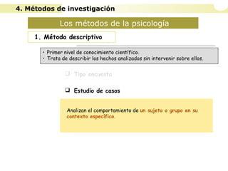 Los métodos de la psicología
1. Método descriptivo
 Tipo encuesta
 Estudio de casos
 Estudio observacional
• Primer nivel de conocimiento científico.
• Trata de describir los hechos analizados sin intervenir sobre ellos.
Analizan el comportamiento de un sujeto o grupo en su
contexto específico.
4. Métodos de investigación
 