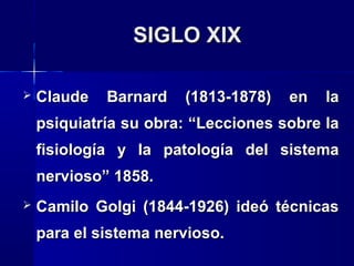 SIGLO XIX: Clínica Psiquiátrica:



Santiago Ramón y Cajal (1852-1934) premio
Nobel de medicina, conocimiento del SN a
tr...