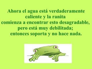 Ahora el agua está verdaderamente caliente y la ranita  comienza a encontrar esto desagradable,  pero está muy debilitada;  entonces soporta y no hace nada. 