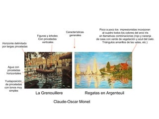 Claude-Oscar Monet Regatas en Argenteuil La Grenouillere Características generales Figuras y árboles Con pinceladas verticales Agua con pinceladas horizontales Yuxtaposición de pinceladas con tonos muy simples Poco a poco los  impresionistas incorporan al cuadro todos los colores del arco iris en llamativas combinaciones (rojo y naranja de casa con verde de vegetación y azul del cielo. Triángulos amarillos de las velas, etc.) Horizonte delimitado por largas pinceladas 