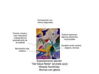 Expresionismo alemán “ Der blaue Reiter” (el jinete azul) Wassily Kandinsky Murnau con iglesia Movimiento más estético Formas, líneas y color adquieren independencia gradualmente de  la realidad Todavía aparecen algunos elementos reconocibles Equilibrio entre colores alegres y formas Composición con ritmos diagonales 