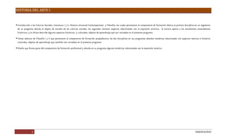 HISTORIA DEL ARTE I
6 DGB/DCA/2010
Introducción alasCienciasSociales, LiteraturaI y II, HistoriaUniversal Contemporáneo y Filosofía, lascualespertenecen al componentedeformación básica; laprimeradisciplinaen un segmento
de su programa aborda el objeto de estudio de las ciencias sociales, las segundas retoman aspectos relacionados con la expresión artística, la tercera aporta a los estudiantes antecedentes
históricos, y laúltimadescribealgunosaspectoshistóricos y culturales; objetosdeaprendizajequeson revisadosen el presenteprograma.
TemasselectosdeFilosofíaI y II quepertenecen al componentedeformación propedéutica; lasdosdisciplinasen susprogramasabordan temáticasrelacionadascon aspectosteóricosehistórico
culturales, objetosdeaprendizajequetambién son revisadosen el presenteprograma.
Diseñoqueformapartedel componentedeformación profesional y abordaen suprogramaalgunastemáticasrelacionadascon laexpresión estética.
 