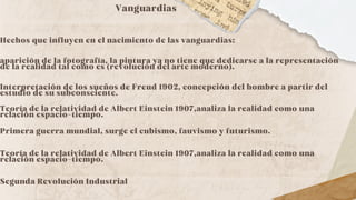 Vanguardias
Hechos que influyen en el nacimiento de las vanguardias:
aparición de la fotografía, la pintura ya no tiene que dedicarse a la representación
de la realidad tal como es (revolución del arte moderno).
Interpretación de los sueños de Freud 1902, concepción del hombre a partir del
estudio de su subconsciente.
Teoría de la relatividad de Albert Einstein 1907,analiza la realidad como una
relación espacio-tiempo.
Primera guerra mundial, surge el cubismo, fauvismo y futurismo.
Teoría de la relatividad de Albert Einstein 1907,analiza la realidad como una
relación espacio-tiempo.
Segunda Revolución Industrial
 