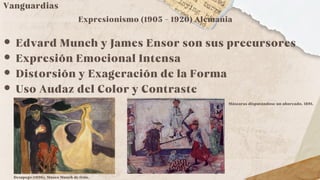 Expresionismo (1905 - 1920) Alemania
Edvard Munch y James Ensor son sus precursores
Expresión Emocional Intensa
Distorsión y Exageración de la Forma
Uso Audaz del Color y Contraste
Vanguardias
Desapego (1896), Museo Munch de Oslo.
Máscaras disputándose un ahorcado. 1891.
 