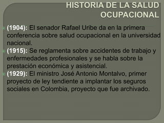  (1904): El senador Rafael Uribe da en la primera
  conferencia sobre salud ocupacional en la universidad
  nacional.
 (1915): Se reglamenta sobre accidentes de trabajo y
  enfermedades profesionales y se habla sobre la
  prestación económica y asistencial.
 (1929): El ministro José Antonio Montalvo, primer
  proyecto de ley tendiente a implantar los seguros
  sociales en Colombia, proyecto que fue archivado.
 