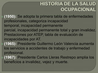  (1950):  Se adopta la primera tabla de enfermedades
  profesionales, categoriza incapacidad
  temporal, incapacidad permanente
  parcial, incapacidad permanente total y gran invalidez.
  Prestaciones por ATEP, tabla de evaluación de
  incapacidades por AT.
 (1965): Presidente Guillermo León Valencia aumenta
  los servicios a accidentes de trabajo y enfermedad
  profesional.
 (1967): Presidente Carlos Lleras Restrepo amplia los
  beneficios a invalidez, vejez y muerte.
 