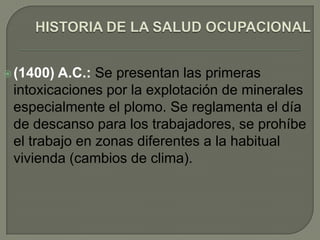  (1400) A.C.: Se presentan las primeras
 intoxicaciones por la explotación de minerales
 especialmente el plomo. Se reglamenta el día
 de descanso para los trabajadores, se prohíbe
 el trabajo en zonas diferentes a la habitual
 vivienda (cambios de clima).
 