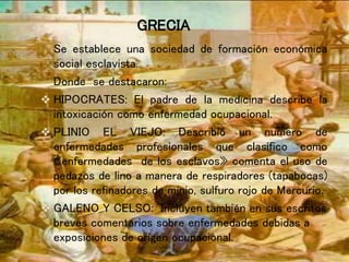 Se establece una sociedad de formación económica
social esclavista.
Donde se destacaron:
 HIPOCRATES: El padre de la medicina describe la
intoxicación como enfermedad ocupacional.
 PLINIO EL VIEJO: Describió un numero de
enfermedades profesionales que clasifico como
«enfermedades de los esclavos» comenta el uso de
pedazos de lino a manera de respiradores (tapabocas)
por los refinadores de minio, sulfuro rojo de Mercurio.
 GALENO Y CELSO: Incluyen también en sus escritos
breves comentarios sobre enfermedades debidas a
exposiciones de origen ocupacional.
GRECIA
 