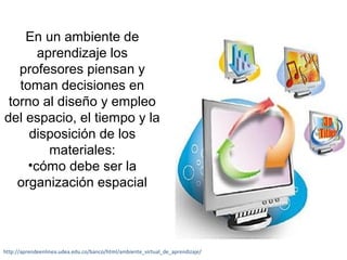 En un ambiente de 
aprendizaje los 
profesores piensan y 
toman decisiones en 
torno al diseño y empleo 
del espacio, el tiempo y la 
disposición de los 
materiales: 
•cómo debe ser la 
organización espacial 
http://aprendeenlinea.udea.edu.co/banco/html/ambiente_virtual_de_aprendizaje/ 
 