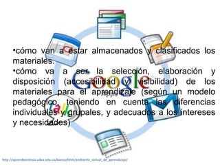 •cómo van a estar almacenados y clasificados los 
materiales. 
•cómo va a ser la selección, elaboración y 
disposición (accesibilidad y visibilidad) de los 
materiales para el aprendizaje (según un modelo 
pedagógico, teniendo en cuenta las diferencias 
individuales y grupales, y adecuados a los intereses 
y necesidades) 
http://aprendeenlinea.udea.edu.co/banco/html/ambiente_virtual_de_aprendizaje/ 
 