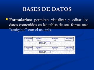 BASES DE DATOSBASES DE DATOS
 Formularios:Formularios: permiten visualizar y editar lospermiten visualizar y editar los
datos contenidos en las tablas de una forma masdatos contenidos en las tablas de una forma mas
“amigable” con el usuario“amigable” con el usuario..
 
