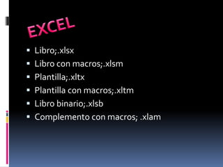  Libro;.xlsx
 Libro con macros;.xlsm
 Plantilla;.xltx
 Plantilla con macros;.xltm
 Libro binario;.xlsb
 Complemento con macros; .xlam
 