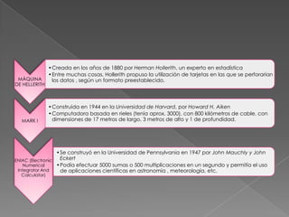 MÀQUINA
DE HELLERITH

MARK I

•Creada en los años de 1880 por Herman Hollerith, un experto en estadística
•Entre muchas cosas, Hollerith propuso la utilización de tarjetas en las que se perforarían
los datos , según un formato preestablecido.

•Construida en 1944 en la Universidad de Harvard, por Howard H. Aiken
•Computadora basada en rieles (tenía aprox. 3000), con 800 kilómetros de cable, con
dimensiones de 17 metros de largo, 3 metros de alto y 1 de profundidad.

•Se construyó en la Universidad de Pennsylvania en 1947 por John Mauchly y John
Eckert
ENIAC (Electronic
•Podía efectuar 5000 sumas o 500 multiplicaciones en un segundo y permitía el uso
Numerical
Integrator And
de aplicaciones científicas en astronomía , meteorología, etc.
Calculator)

 