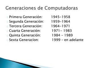 Primera Generación: 1945-1958
Segunda Generación: 1959-1964
Tercera Generación: 1964-1971
Cuarta Generación: 1971- 1983
Quinta Generación: 1984 – 1989
Sexta Generacíon: 1999 – en adelante
 