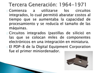 Comienza a utilizarse los circuitos
integrados, lo cual permitió abaratar costos al
tiempo que se aumentaba la capacidad de
procesamiento y se reducía el tamaño de las
máquinas.
Circuitos integrados (pastillas de silicio) en
las que se colocan miles de componentes
electrónicos en una integración en miniatura.
El PDP-8 de la Digital Equipment Corporation
fue el primer miniordenador.
 