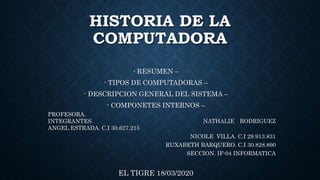 HISTORIA DE LA
COMPUTADORA
- RESUMEN –
- TIPOS DE COMPUTADORAS –
- DESCRIPCION GENERAL DEL SISTEMA –
- COMPONETES INTERNOS –
PROFESORA.
INTEGRANTES. NATHALIE RODRIGUEZ
ANGEL ESTRADA. C.I 30.627.215
NICOLE VILLA. C.I 29.913.831
RUXABETH BARQUERO. C.I 30.828.890
SECCION. IF-04 INFORMATICA
EL TIGRE 18/03/2020
 