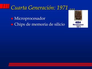 Cuarta Generación: 1971 ...
 Microprocesador
 Chips de memoria de silicio
 