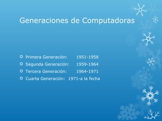 Generaciones de Computadoras
 Primera Generación: 1951-1958
 Segunda Generación: 1959-1964
 Tercera Generación: 1964-1971
 Cuarta Generación: 1971-a la fecha
 