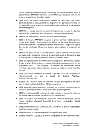 JOSE ANTONIO CARDONA VELASQUEZ.
INGENIERIA ELECTRICA.
realiza su primer experimento de transmisión de señales radioeléctricas a
poca distancia. MARCONI transmite señales Morse, sin ayuda de alambre de
unión, a una distancia de milla y media.
 1896 MARCONI estaba transmitiendo señales de radio hasta dos millas
desde los barcos a tierra, patenta un dispositivo de perfeccionamiento en
las transmisiones de impulsos y señales eléctricas. con lo que se evoluciona
a la radiotelegrafía
 1897 Oliver J. Lodge patenta una serie de importantes avances: los dipolos
bicónicos, las cargas inductivas y la sintonía con circuitos resonantes.
 1897 Se instala la primera estación Marconi en la isla Wight.
 1898 El 3 de junio MARCONI inaugura el primer servicio radiotelegráfico
regular entre Wight y Bournemouth, de 23 km. de distancia. Se constituye
en Londres la primera sociedad telegráfica, The Wireless Telegraph & Signal
Co., siendo nombrado Marconi su director para explotar la telegrafía sin
hilos.
 1899 El día 28 de marzo MARCONI asombra con la primera comunicación
por radio entre Inglaterra y Francia a través del Canal de la Mancha. Las
primeras palabras fueron para Branly, descubridor del cohesor.
 1889: Las agrupaciones de antenas fueron propuestas por Sydney George
Brown y James Erskine-Murray, aunque los primeros experimentos no se
produjeron hasta 7 años después. Las antenas de' microondas, como
reflectores parabólicos, lentes, bocinas y guías de onda ya se usaron antes
de 1900.
 1901 GUILLERMO MARCON, transmite la primer señal de radioeléctrica
intercontinental por aire a través del Océano Atlántico.
señal de radio eléctrica
 1921 La T.S.F. inicia en París los primeros ensayos de programas de radio
para el público utilizando la Torre Eiffel como antena.
 1923 transmisiones de televisión se hacen las primeras transmisiones de
televisión por línea telefónica entre Nueva York y Washington DC.
 1925 Ya funcionaban 600 emisoras de radio en todo el mundo. Se iniciaron
los primeros experimentos de televisión en Gran Bretaña.
 1937 Se inaugura el primer servicio público de televisión de calidad. En este
mismo año John Atanasoff desarrolló la primera computadora digital
electrónica.
 1941 primer computador KONRAND ZUSE, construye el primer computador
electrónico programable.
 1942 Inventado el casete para grabación magnética de audio.
 1943 se construye COLOSSUS, el primer computador electrónico del mundo.
 
