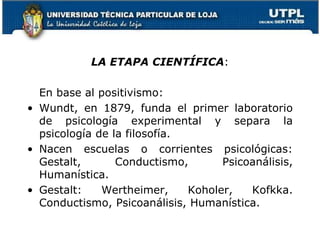LA ETAPA CIENTÍFICA:
En base al positivismo:
• Wundt, en 1879, funda el primer laboratorio
de psicología experimental y separa la
psicología de la filosofía.
• Nacen escuelas o corrientes psicológicas:
Gestalt, Conductismo, Psicoanálisis,
Humanística.
• Gestalt: Wertheimer, Koholer, Kofkka.
Conductismo, Psicoanálisis, Humanística.
21
 