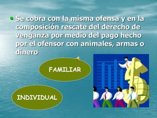• Se cobra con la misma ofensa y en la
composición rescate del derecho de
venganza por medio del pago hecho
por el ofensor con animales, armas o
dinero
INDIVIDUAL
FAMILIAR
 