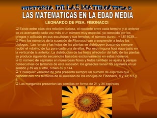 HISTORIA DE LAS MATEMÁTICAS LAS MATEMATICAS EN LA EDAD MEDIA Existe entre ellos otra relación curiosa, el cociente entre cada término y el anterior se va acercando cada vez más a un número muy especial, ya conocido por los griegos y aplicado en sus esculturas y sus templos: el número áureo.  =1.618039.... Pero los números de la sucesión de Fibonacci van a sorprender a todos los biólogos.  Las ramas y las hojas de las plantas se distribuyen buscando siempre recibir el máximo de luz para cada una de ellas. Por eso ninguna hoja nace justo en la vertical de la anterior. La distribución de las hojas alrededor del tallo de las plantas se produce siguiendo secuencias basadas exclusivamente en estos números. El número de espirales en numerosas flores y frutos también se ajusta a parejas consecutivas de términos de esta sucesión: los girasoles tienen 55 espirales en un sentido y 89 en el otro, o bien 89 y 144.  Y cualquier variedad de piña presenta siempre un número de espirales que coincide con dos términos de la sucesión de los conejos de Fibonacci, 8 y 13; o 5 y 8. Las margaritas presentan las semillas en forma de 21 y 34 espirales    LEONARDO DE PISA. FIBONACCI    