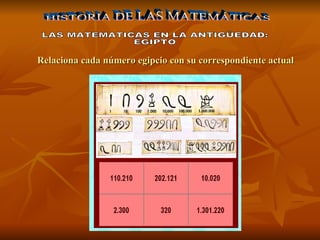 HISTORIA DE LAS MATEMÁTICAS LAS MATEMATICAS EN LA ANTIGÜEDAD: EGIPTO Relaciona cada número egipcio con su correspondiente actual 