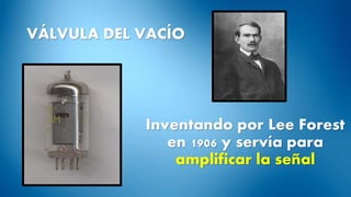 VÁLVULA DEL VACÍO
Inventando por Lee Forest
en 1906 y servía para
amplificar la señal
 