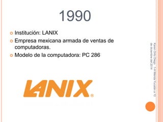 1990 
 Institución: LANIX 
 Empresa mexicana armada de ventas de 
computadoras. 
 Modelo de la computadora: PC 286 
Karen Ortiz Diego 1-H Mérida Yucatán a 10 
de diciembre del 2014 
 