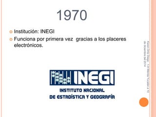 1970 
 Institución: INEGI 
 Funciona por primera vez gracias a los placeres 
electrónicos. 
Karen Ortiz Diego 1-H Mérida Yucatán a 10 
de diciembre del 2014 
 