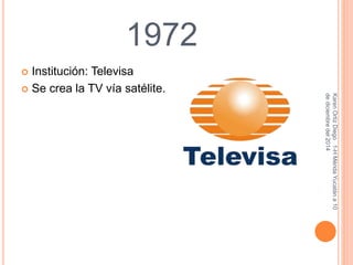 1972 
 Institución: Televisa 
Karen Ortiz Diego 1-H Mérida Yucatán a 10 
de diciembre del 2014 
 Se crea la TV vía satélite. 
 