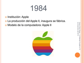 1984 
 Institución: Apple 
 La producción del Apple ll, inaugura se fábrica. 
 Modelo de la computadora: Apple ll 
Karen Ortiz Diego 1-H Mérida Yucatán a 10 
de diciembre del 2014 
 