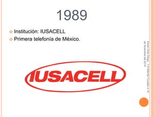 1989 
 Institución: IUSACELL 
Karen Ortiz Diego 1-H Mérida Yucatán a 10 
de diciembre del 2014 
 Primera telefonía de México. 
 